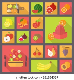 Icons set for cooking, restaurant, menu, fruits and vegetarian food. Flat design vector.