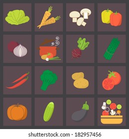 Icons set for cooking, restaurant, menu, vegetables and vegetarian food. Flat design vector