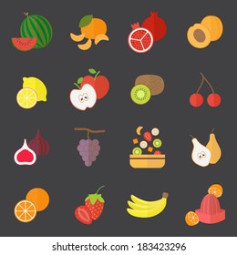 Icons set for cooking, restaurant, menu, fruits and vegetarian food. Flat design vector 