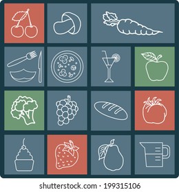 Icons set for cooking, restaurant, menu, fruits and vegetarian food, white lines design