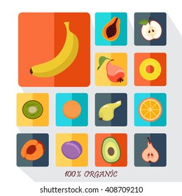 Icons set for cooking, restaurant, menu, fruits and vegetarian food. Flat design vector