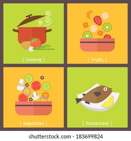 Icons set for cooking, restaurant, vegetables and fruits. Flat design vector.