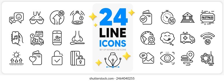 Icons set of Coronavirus vaccine, New mail and Food delivery line icons pack for app with Sunglasses, 5g internet, Smartphone statistics thin outline icon. Yummy smile. Design with 3d stars. Vector