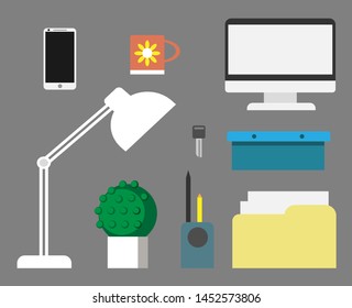 icons set of creative place. computer, folder with documents, cup, cactus, lamp, pencils, telephone and key. individual items