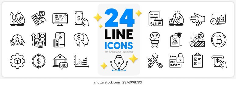 Icons set of Credit card, Bid offer and Business targeting line icons pack for app with Gas price, Tax documents, Product development thin outline icon. Donation money, Inflation. Vector