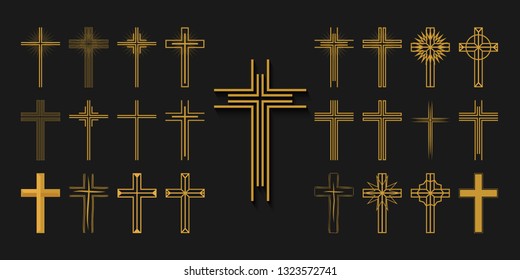 Icons set. Crosses of christian religion. Jesus Christ and God, faith sign. Church and pray, religion and resurrection. Vector