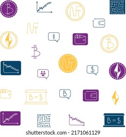 Conjunto de iconos de cripto, nft, bitcoin, eéreo, ilustración vectorial de la moneda silueta del logotipo