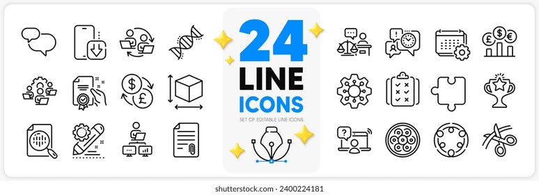 Juego de iconos de intercambio de divisas, mensaje de chat e iconos de línea del juez de la Corte para aplicación con pregunta en línea, adjunto, icono de contorno delgado de Victoria. Gestión del tiempo, tipo de cambio. Vector