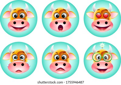 icons set of cute cartoon emotion cow on blue background. Happy, cry, surprised, love, idea, angry emoticons. Vector illustration.