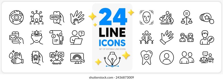 Icons set of Cyber attack, Online voting and Manual doc line icons pack for app with Online question, Court judge, Users thin outline icon. Hold heart, Salary, Yoga mind pictogram. Vector