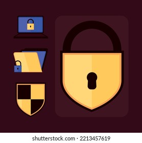 conjunto de iconos, seguridad cibernética, estilo
