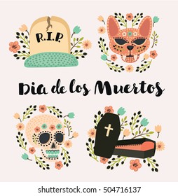 Icons set of Day of the Dead, a traditional holiday in Mexico. Skulls, flowers, coffin, gravestone for the design of your products, labels
