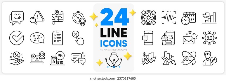 Icons set of Deflation, Loan percent and Smartphone message line icons pack for app with Employees messenger, Video conference, Rise price thin outline icon. Growth chart, Edit person. Vector