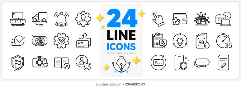 Icons set of Delivery route, Reject book and Professional line icons pack for app with Card, Timer, Shield thin outline icon. User, Distribution, Loyalty program pictogram. Renew card. Vector