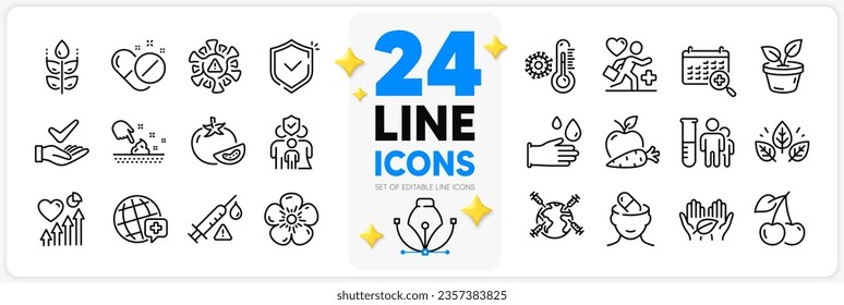 Icons set of Dermatologically tested, World medicine and Cherry line icons pack for app with Vaccine attention, Skin moisture, Coronavirus thin outline icon. Heart beat, Medical analyzes. Vector