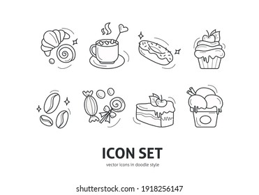 Icons set of dessert elements in doodle style. Black outline isolated on white background. 
Design for greeting cards, scrapbooking, textile, wrapping paper, cafe or restaurant menu, invitations.