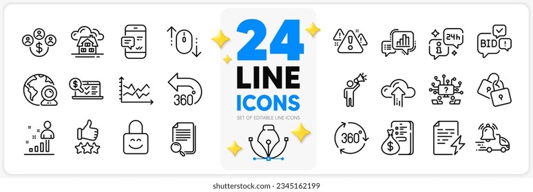 Icons set of Diagram chart, Building and 360 degrees line icons pack for app with Money, Graph chart, Info thin outline icon. Scroll down, Power certificate, Teamwork question pictogram. Vector