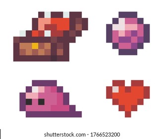 Juego de iconos de diamante, pecho, corazón rojo y alienígena. Ilustración del arte de píxeles aislado en fondo blanco. Símbolos de objetos para usar en un juego de equipo, sitios web. Diseño de objetos gráficos de píxeles mínimos