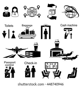  Icons set of different airport elements from airplane and terminal to passenger  isolated vector illustration