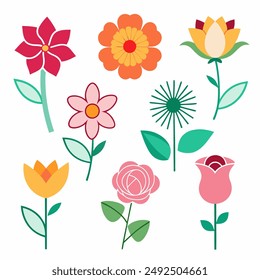 Icons set with different flowers. Blooming plants. Cute сolorful decoration elements. Graphic vector illustration isolated on white background