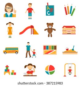 Icons set of different kindergarten objects and characters like toy or teacher flat isolated vector illustration