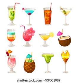 Icons set of different night club bar and tropic alcohol cocktails isolated vector illustration