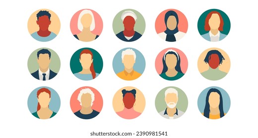  Icons set of different people. Community of multicultural and multiethnic people, business concept