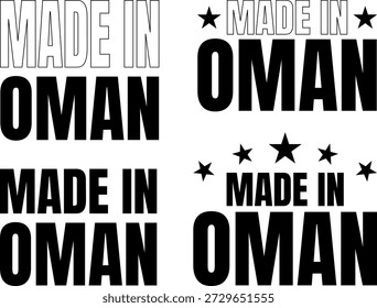 Icons set displaying bold 'Made in Oman' text in various styles for design use and branding