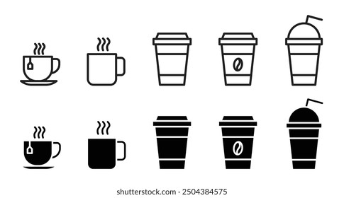 icons set of disposable paper or plastic cups. drink coffee or tea cup vector symbol. hot drink mug  with smoke sign.
