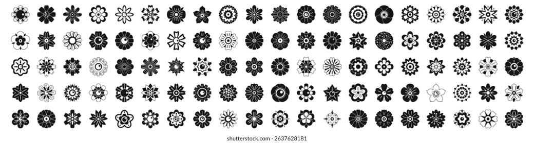  icons set. Diverse set of flower icons showcasing various species and blooming stages in black and white