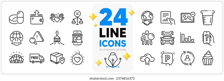 Icons set of Document, Love and Parking line icons pack for app with Medical drugs, Search people, Hold heart thin outline icon. Brush, Remove image, Cooking beaker pictogram. Cupcake. Vector