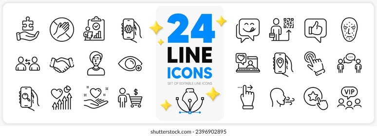 Icons set of Dont touch, Cursor and App settings line icons pack for app with Handshake, Buyer, Yummy smile thin outline icon. Vip clients, Touchscreen gesture, Breathing exercise pictogram. Vector