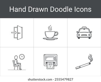 Icons Set Door, Coffee, Taxi, Clock, ATM, Cigarette. Vector Illustration