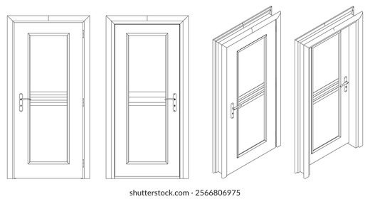 Icons set of doors types. Collection in thin linear style. Entrance to the house, classic wooden or glass interior doors. Simple design. Vector illustration isolated on white background.