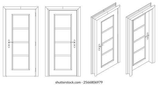 Icons set of doors types. Collection in thin linear style. Entrance to the house, classic wooden or glass interior doors. Simple design. Vector illustration isolated on white background.