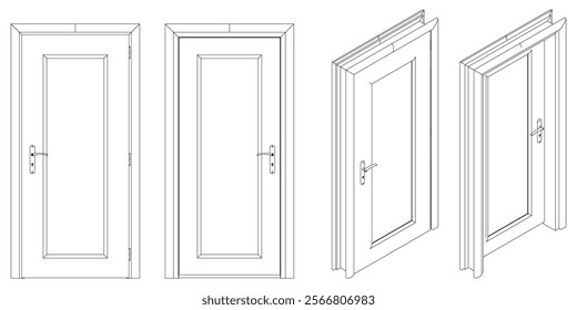 Icons set of doors types. Collection in thin linear style. Entrance to the house, classic wooden or glass interior doors. Simple design. Vector illustration isolated on white background.