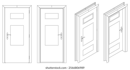 Icons set of doors types. Collection in thin linear style. Entrance to the house, classic wooden or glass interior doors. Simple design. Vector illustration isolated on white background.