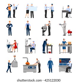 Icons Set Of Drawn In Flat Style Different Factory Workers From Engineer To Conveyor Operator Isolated Vector Illustration