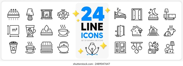 Icons set of Dresser, Breathable mattress and Table lamp line icons pack for app with Teapot, Open door, Floor lamp thin outline icon. Chandelier, Waterproof mattress, Coffee cup pictogram. Vector