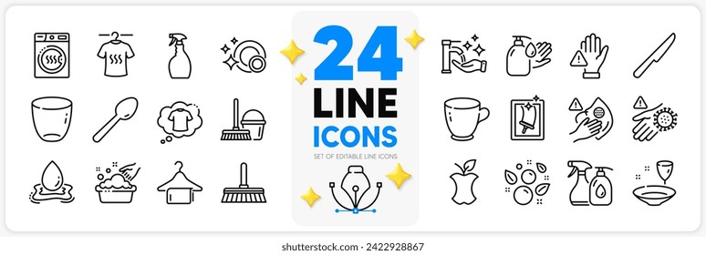 Icons set of Dry t-shirt, Clean bubbles and Dont touch line icons pack for app with Tea cup, Water splash, Dryer machine thin outline icon. T-shirt, Window cleaning, Wash hands pictogram. Vector