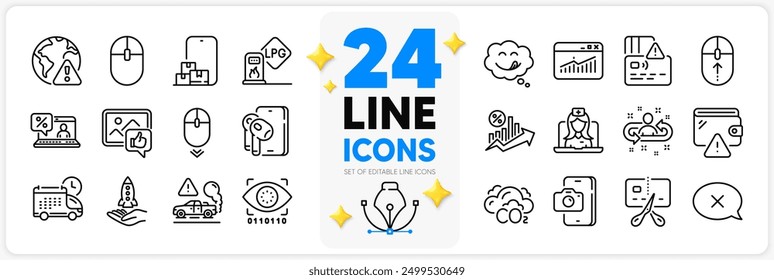 Icons set of Earphones, Like photo and Yummy smile line icons pack for app with Crowdfunding, Card, Internet warning thin outline icon. Delivery, Artificial intelligence. Design with 3d stars. Vector