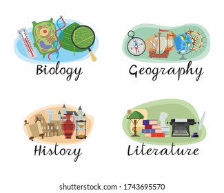 Conjunto de íconos de disciplinas educativas. Biología, geografía, historia, literatura para la escuela