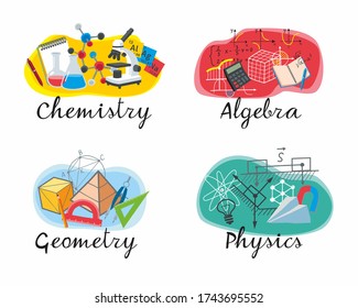 Icons set of educational disciplines. Chemistry, Algebra, Geometry, Physics for school