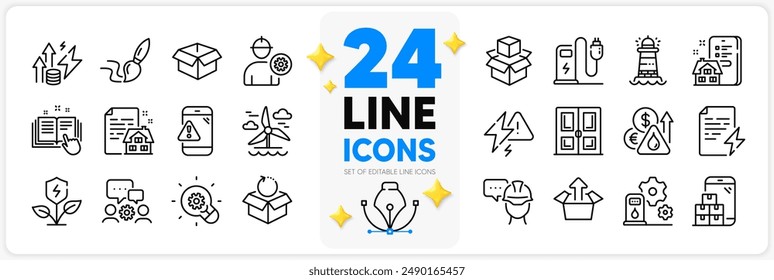 Icons set of Engineer, Lease contract and Opened box line icons pack for app with Brush, Fuel price, Charging station thin outline icon. Eco power, Mobile inventory, Lighthouse pictogram. Vector