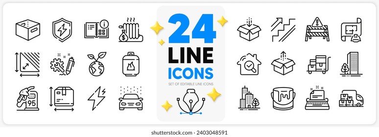 Icons set of Engineering plan, Skyscraper buildings and Triangle area line icons pack for app with Save planet, Power safety, Gas cylinder thin outline icon. Petrol station, Engineering. Vector