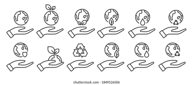 Symbole mit einfacher und flacher Gestaltung, die unsere Erde retten, indem sie den Baum pflanzen, um den Planeten zu heilen 