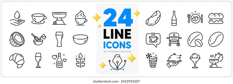 Icons set of Espresso, Food delivery and Ice cream line icons pack for app with Wineglass, Romantic dinner, Coffee beans thin outline icon. Coconut, Coffee, Ice maker pictogram. Grill. Vector