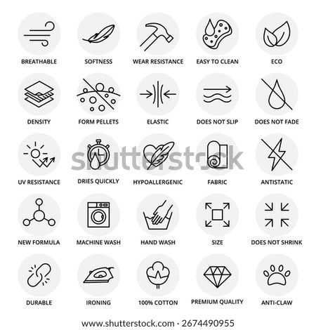 Icons set of fabric and textile properties. Editable stroke, linear style
