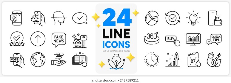 Icons set of Face scanning, Buying house and Buy button line icons pack for app with Pie chart, Time, Medical phone thin outline icon. Fake news, Phone wallet, Statistics pictogram. Vector