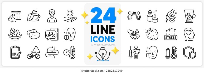 Icons set of Fahrenheit thermometer, Bike app and Sun protection line icons pack for app with Stress grows, Face attention, Thermometer thin outline icon. Hypoallergenic tested, Mint tea. Vector